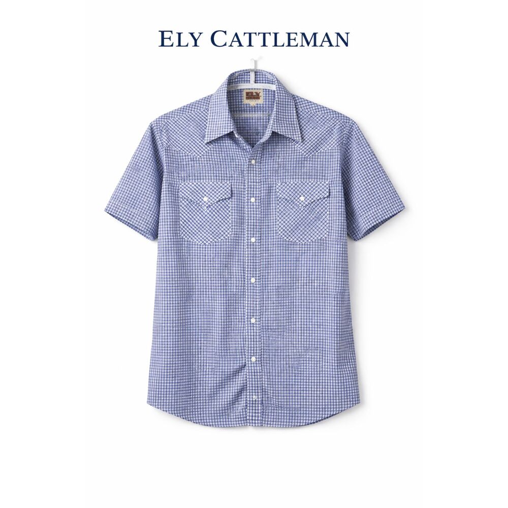 Ely Cattleman Blue White Check Pearl Snap Western Shirt Short Sleeve M